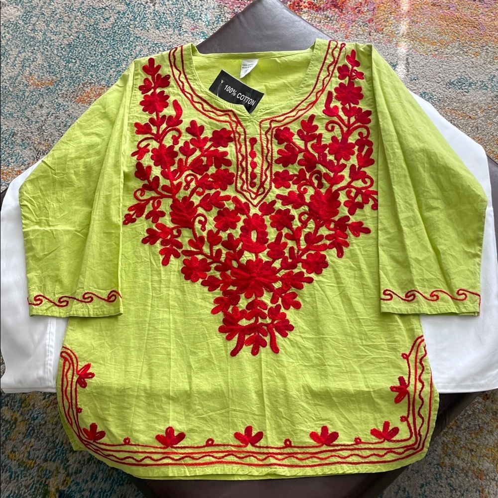 Bright Lime Green Embroidered Tunic with Red Floral Detail
